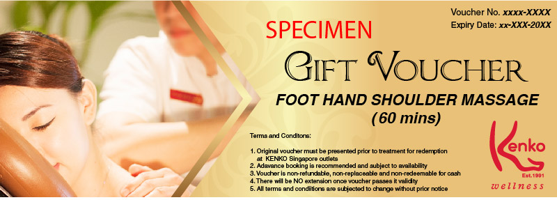 Gift Voucher for Foot Hand Shoulder Massage at Kenko Wellness Spa